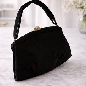 Vintage Black Satin Evening Bag Pearl Clasp Small Handbag
